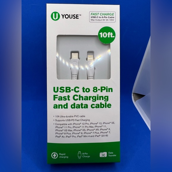 10 Foot USB-C to 8-pin fast charging cable and block - Picture 4 of 7